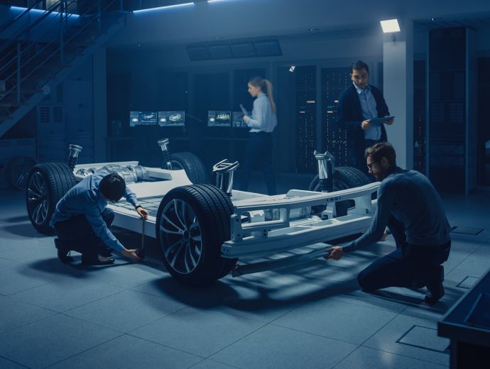 Vier Menschen arbeiten an einem Elektro-Fahrzeug