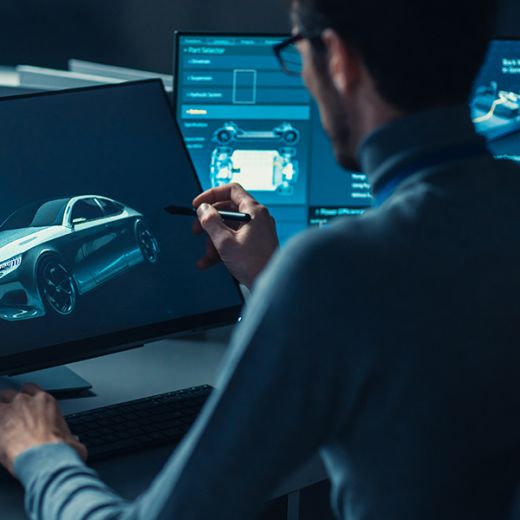 Ein Mann sitzt am Computer und arbeitet digital mit einem Stift auf dem Bildschirm. Zu sehen ist ein Auto.